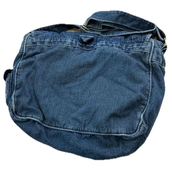 Vintage Y2K Denim Messenger Bag Embroidered Flowers Utility Pockets Boho - Picture 4 of 5